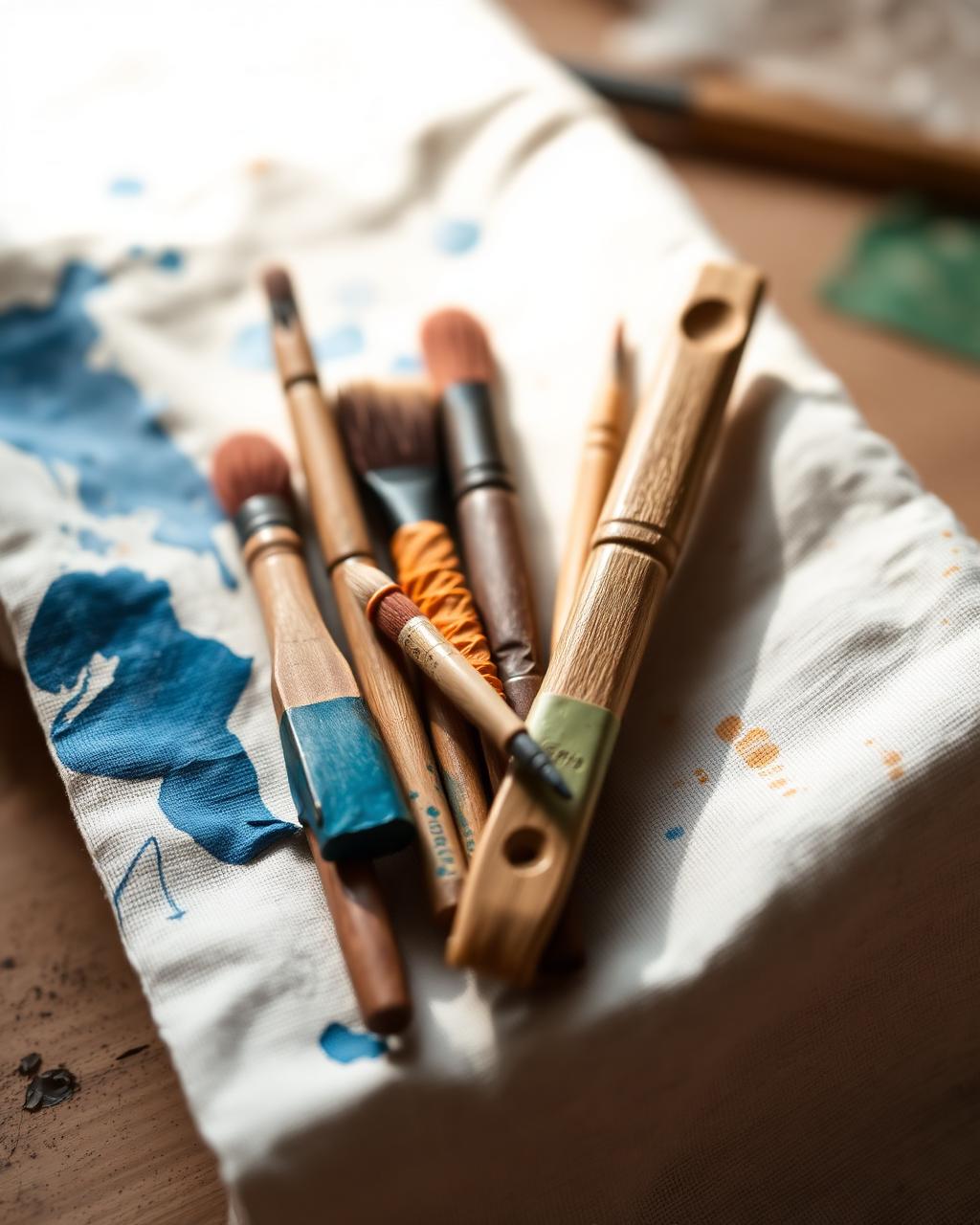 Paint-stained brushes resting on upcycled cotton fabric