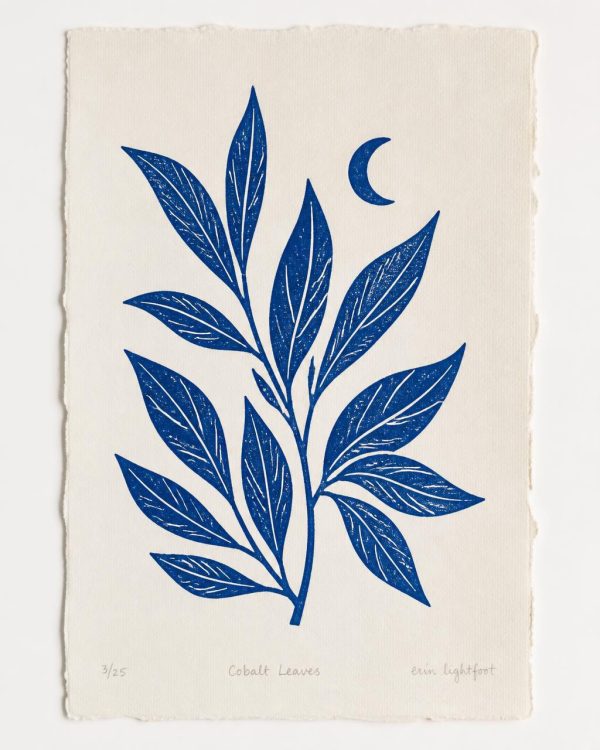 Cobalt Leaves Lino Print